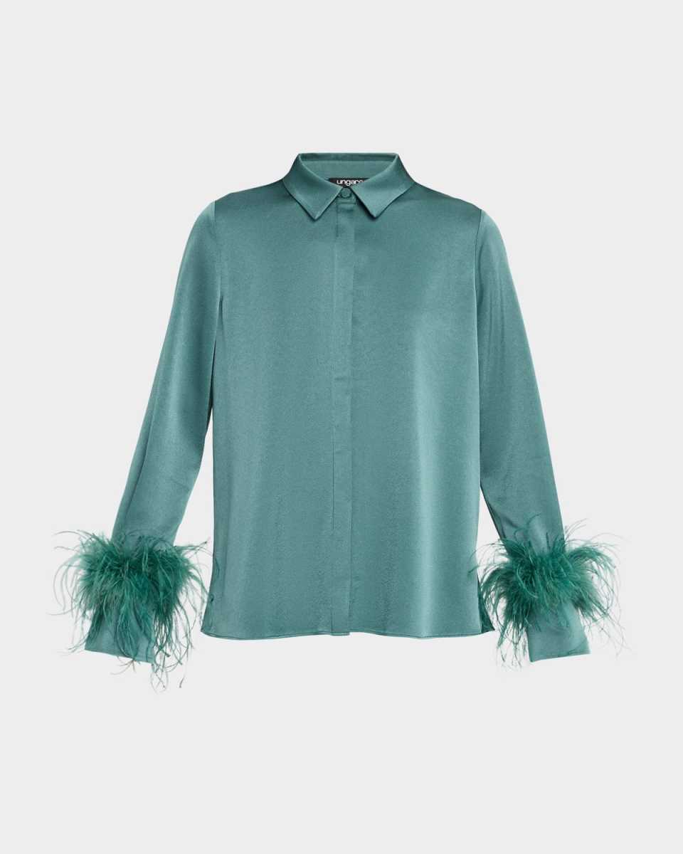 Luna Feather-Cuff Satin Blous